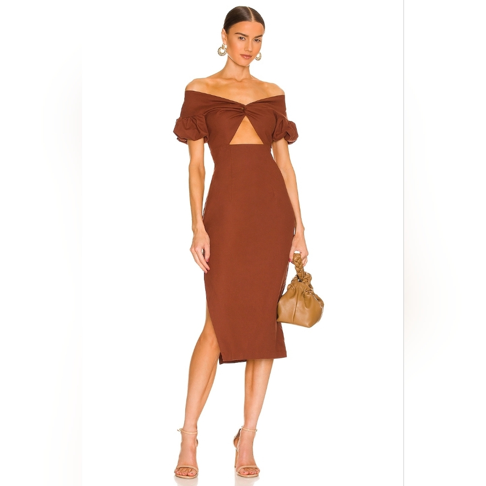 Revolve YAURA Chic Brown Off-Shoulder Midi Dress
